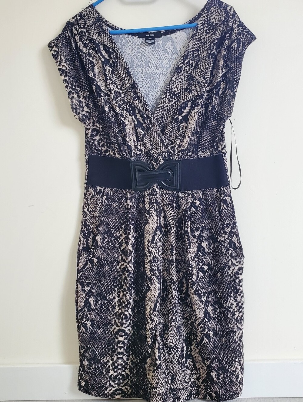 Women’s Faux-Snakeskin Print Belted Dress in Black and Cream